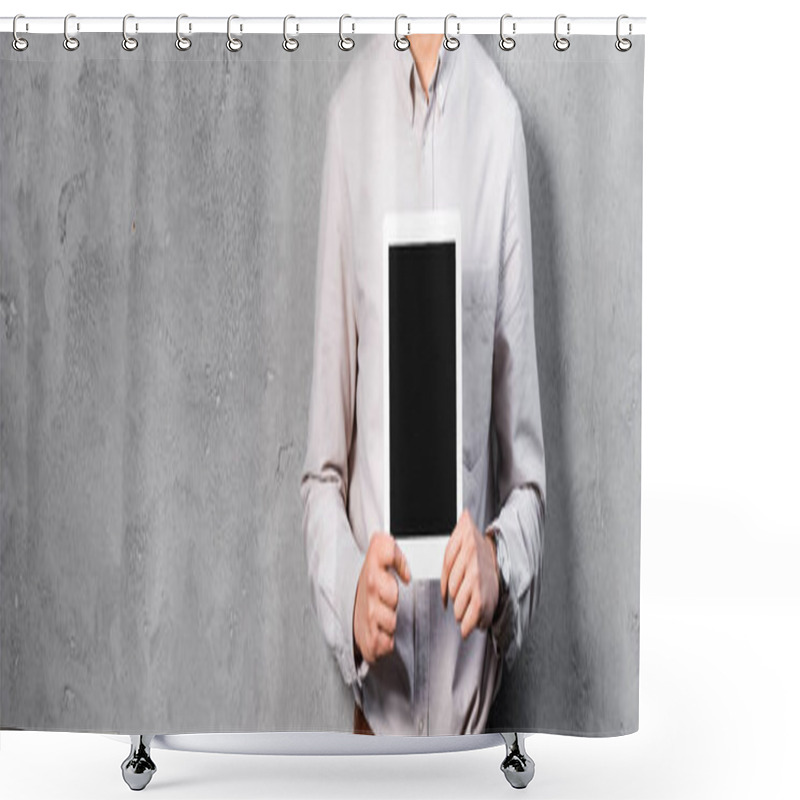 Personality  Panoramic Shot Of Seo Manager Holding Digital Tablet With Copy Space  Shower Curtains