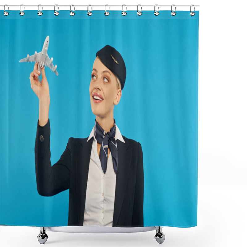 Personality  Young Inspired Woman In Elegant Stewardess Uniform Standing With Airplane Model On Blue Backdrop Shower Curtains