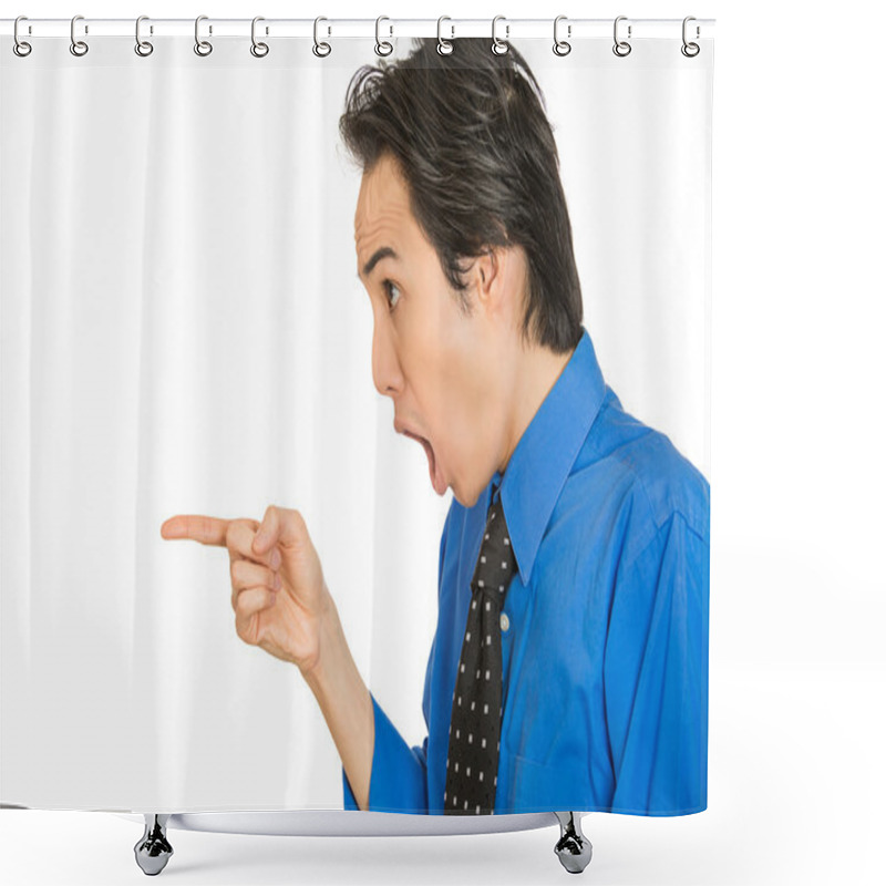 Personality  Young Shocked Man Pointing Index Finger At Something Stunned  Shower Curtains