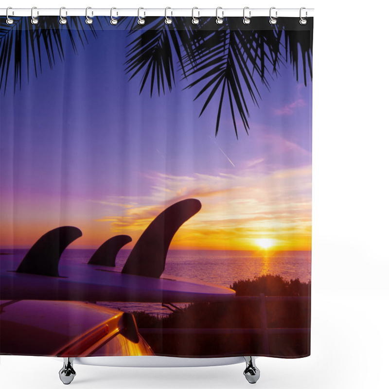 Personality  Palm And Car With Surfboard By The Shore At Sunset Shower Curtains