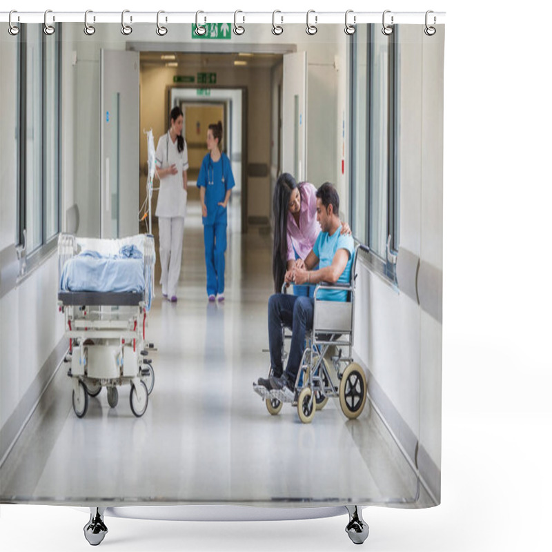 Personality  Male Asian Indian Wheelchair Patient With His Wife Or Girlfriend & Nurses In Hospital Corridor Shower Curtains