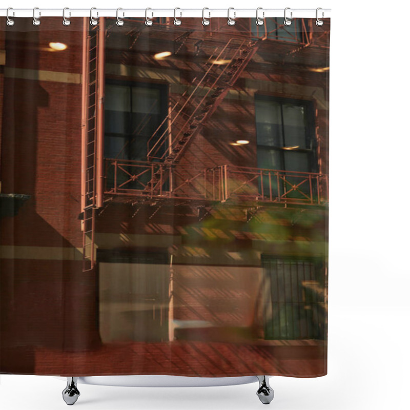 Personality  Vintage Red Brick Building With Fire Escape Stairs And Shadows On Facade In New York City In Fall Shower Curtains