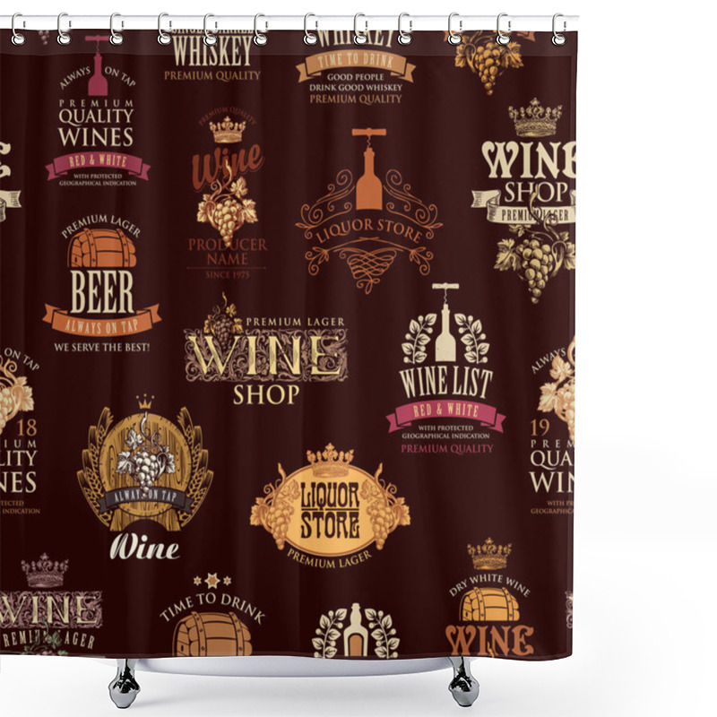 Personality  Seamless Pattern With Labels, Logos, Emblems For Various Alcoholic Beverages On A Brown Backdrop. Retro-style Vector Background, Wallpaper, Wrapping Paper Or Fabric On The Theme Of Wine, Beer, Whiskey Shower Curtains