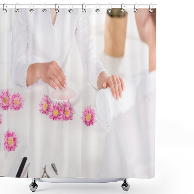 Personality  Partial View Of Manicurist And Woman Receiving Bath For Nails At Table With Flowers, Nail Clippers, Nail Files And Cuticle Pusher In Beauty Salon Shower Curtains