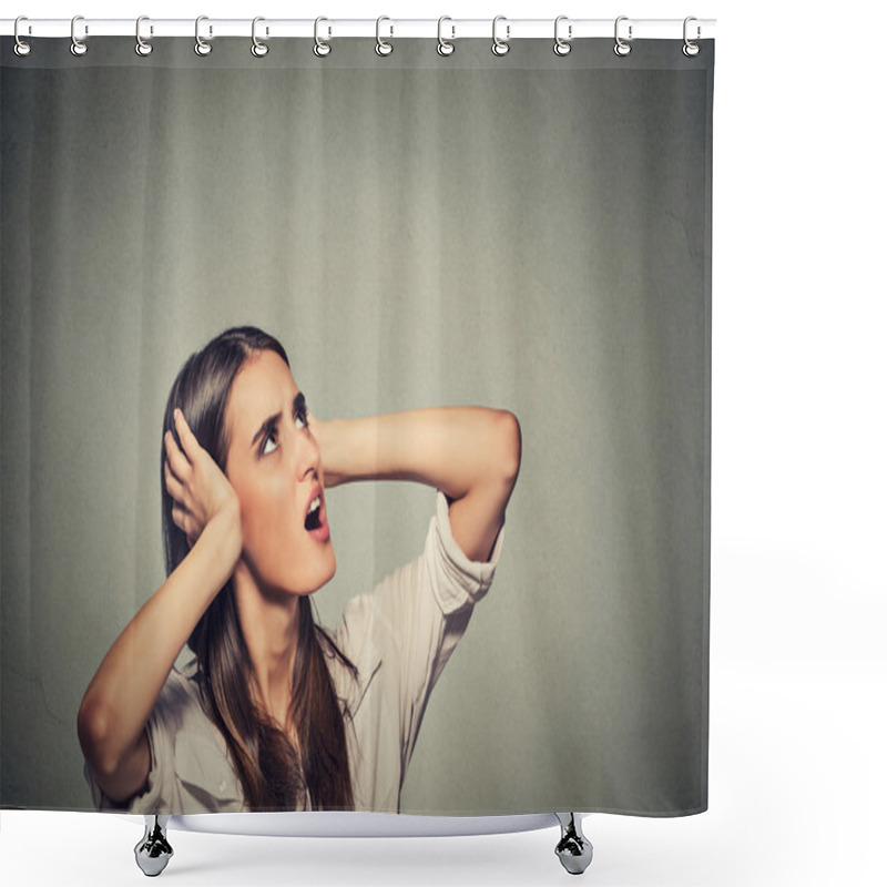 Personality  Annoyed Stressed Woman Covering Her Ears, Looking Up Loud Noise Upstairs Shower Curtains