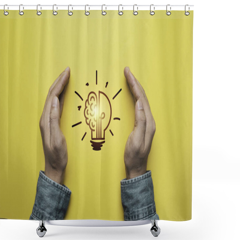 Personality  Two Hand Protect Glowing Lightbulb On Yellow Background For  Prevent Patent And Idea Of Problem Solving Solution And Creative Thinking Concept. Shower Curtains