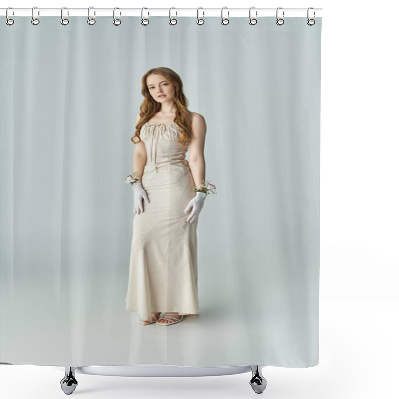 Personality  A Lovely Woman In A Fitted Dress Adorned With Floral Accents Stands Gracefully. Shower Curtains