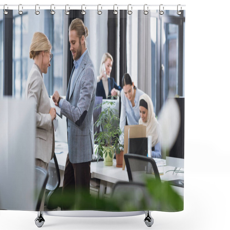 Personality  Businesspeople Discussing Work In Office Shower Curtains