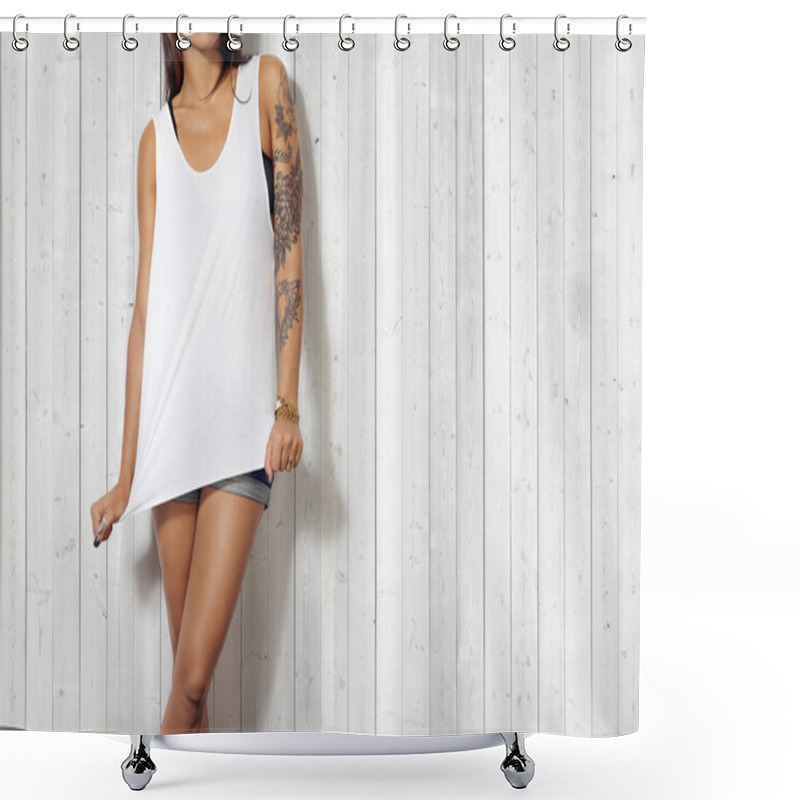 Personality  Woman In T-shirt Shower Curtains