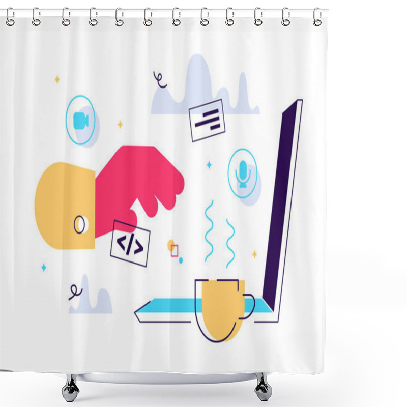 Personality  New Technologies, A Side View Of An Open Laptop, Millennials Shower Curtains