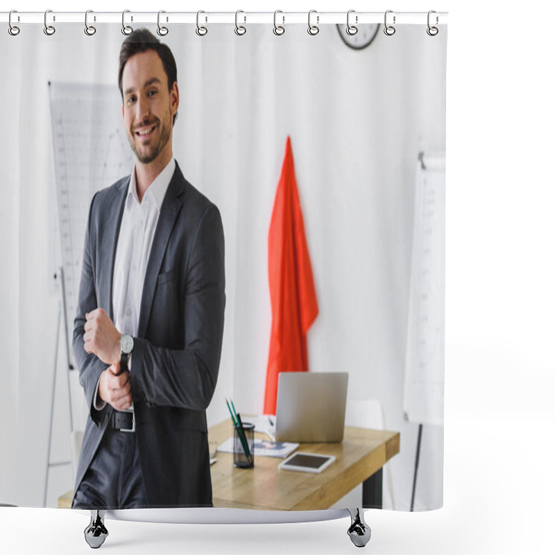 Personality  Smiling Super Businessman Standing Near Table And Looking At Camera In Office  Shower Curtains