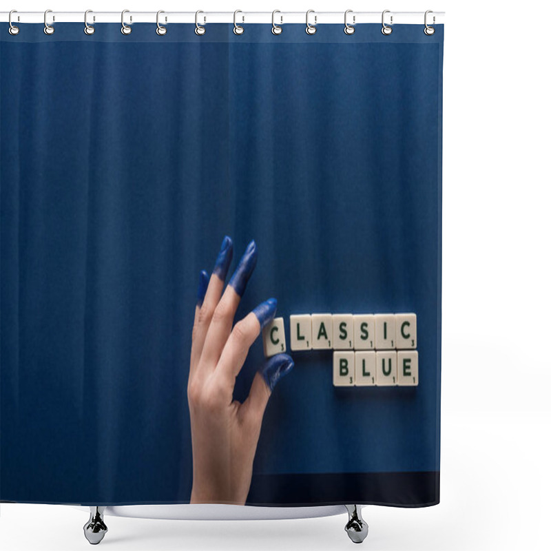 Personality  Cropped View Of Woman With Painted Fingers Near Classic Blue Lettering On Cubes On Blue Background Shower Curtains