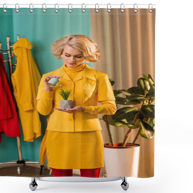 Personality  Beautiful Old-fashioned Woman In Yellow Dress Watering Potted Plant With Small Watering Can At Home Shower Curtains