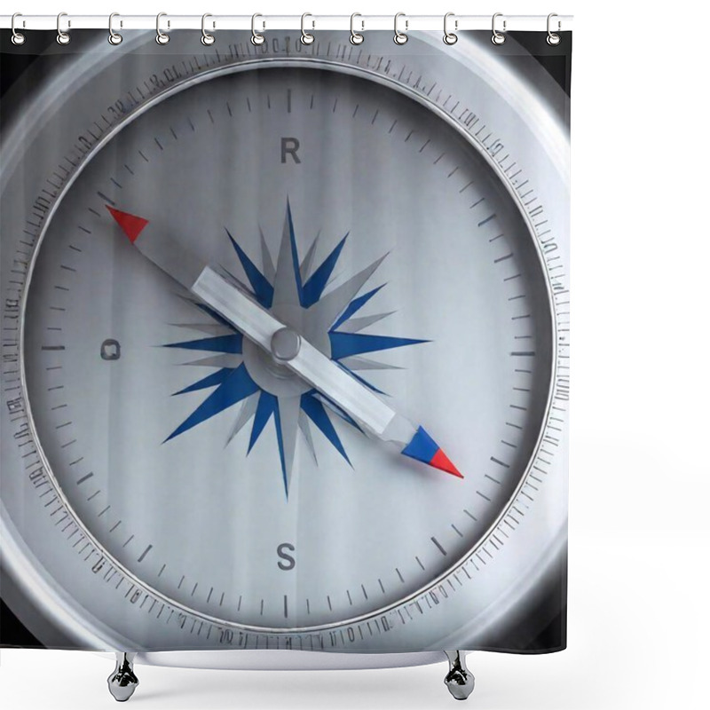 Personality  A High-resolution Ultrarealistic Digital Artwork Of A Close-up Of A Compass Needle. The Compass Face Is Predominantly Black, With The Needle And Important Cardinal Directions Illuminated In A Striking Blue. The Sharp Needle Points Towards The Word Shower Curtains