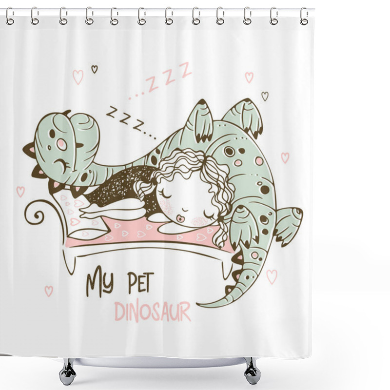 Personality  Cute Girl Sleeping With Her Pet Dinosaur. Cheerful Picture. Vector. Shower Curtains