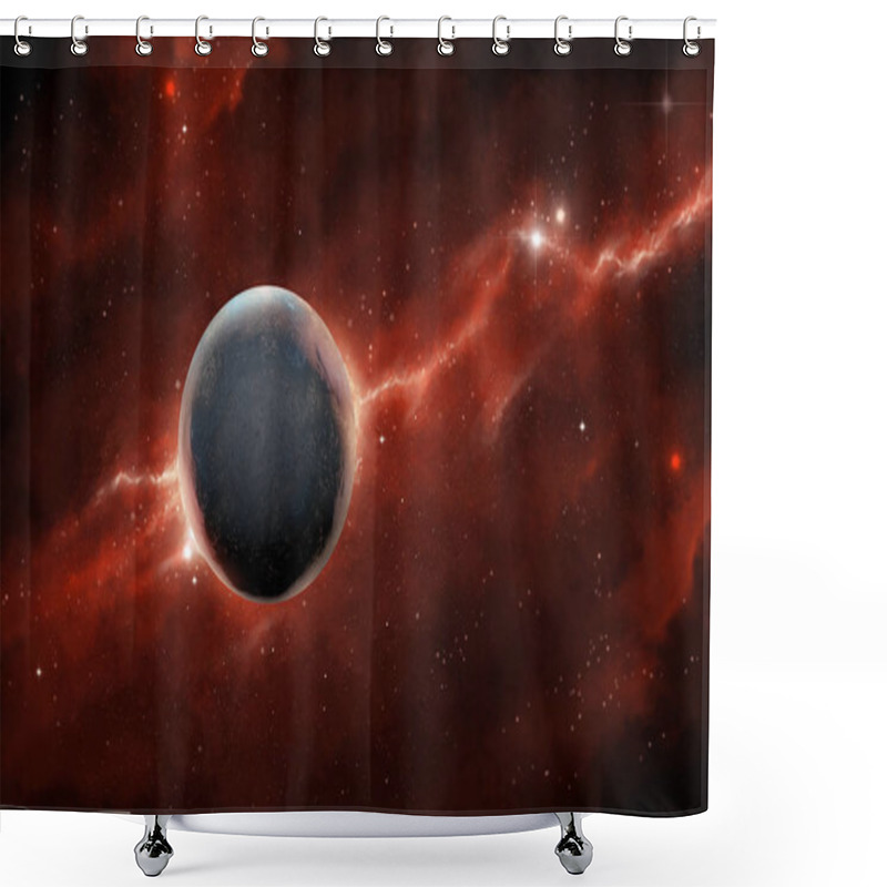 Personality  Spacescape With A Rocky Planet And A Red Nebula. Digital Illustration. Shower Curtains