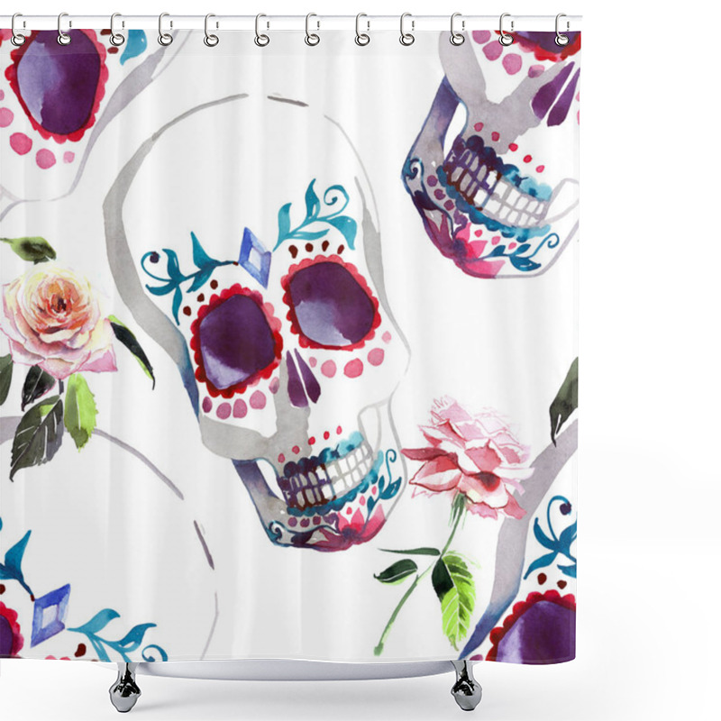 Personality  Beautiful Lovely Graphic Artistic Abstract Bright Cute Halloween Stylish Floral Skull With Tender Roses Watercolor Hand Sketch. Perfect For Textile, Wallpapers, Wrapping Paper, Cards, Invitations Shower Curtains