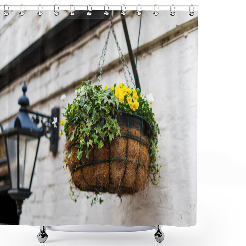 Personality  Charming Hanging Basket With Vibrant Flowers And Lush Ivy On Rustic Wall Shower Curtains