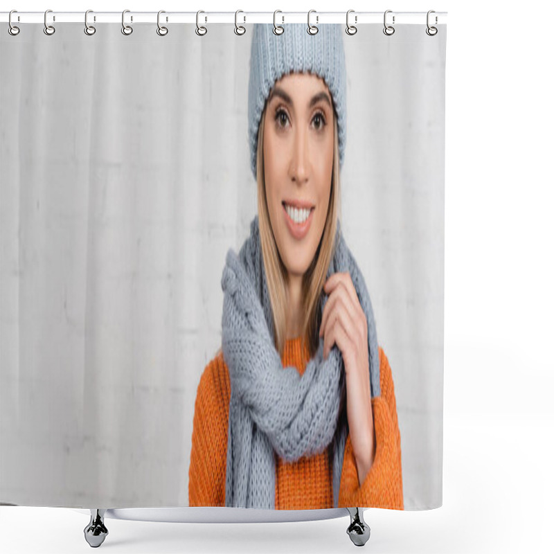 Personality  Smiling Woman In Warm Hat, Sweater And Scarf On White Background, Banner  Shower Curtains