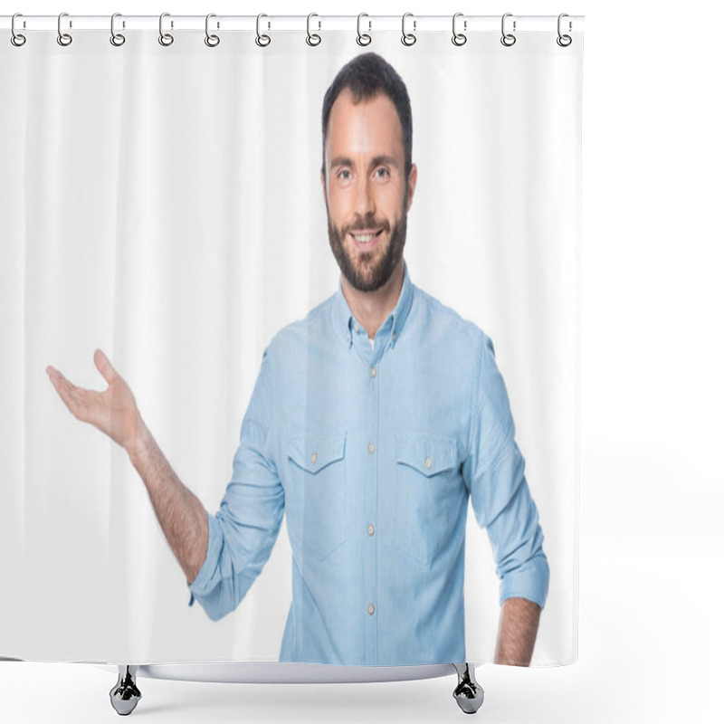 Personality  Man Presenting Something Isolated On White Shower Curtains