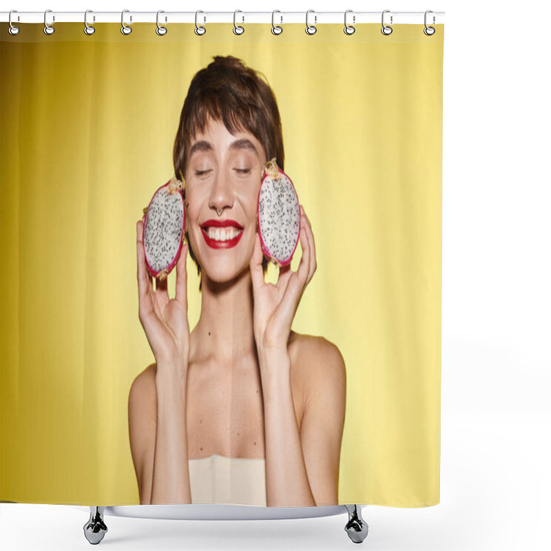 Personality  Young Woman Playfully Holds Two Donuts In Front Of Her Face. Shower Curtains