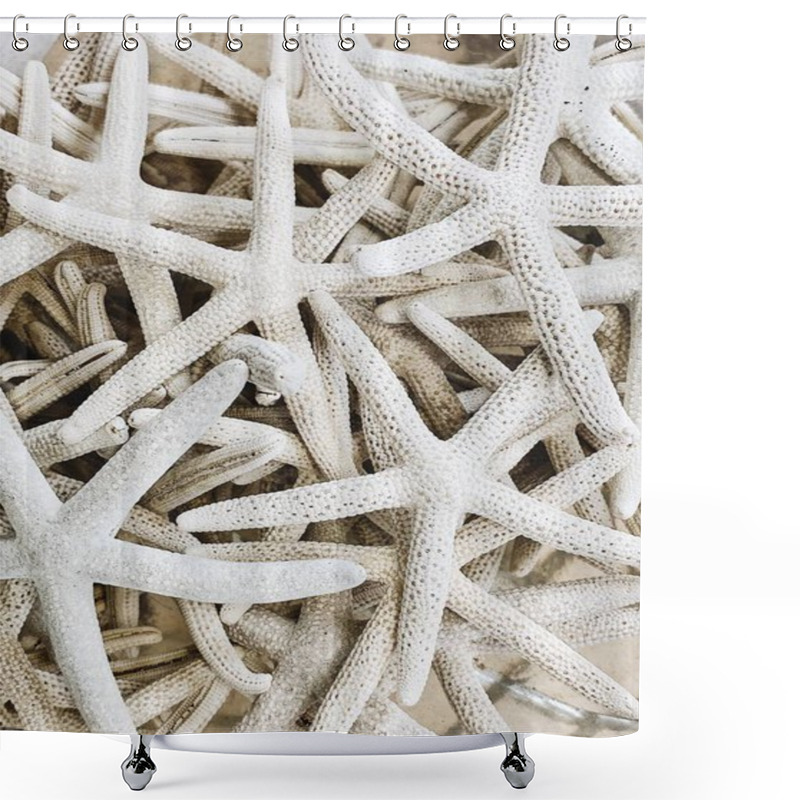 Personality  Travel And Summer Concept. Beautiful Marine White Five-finger Starfishes. Exotic Texture And Pattern. Flat Lay, Top View. Shower Curtains