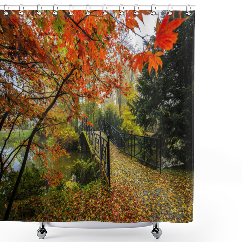 Personality  Scenic View Of Misty Autumn Landscape With Beautiful Old Bridge  Shower Curtains