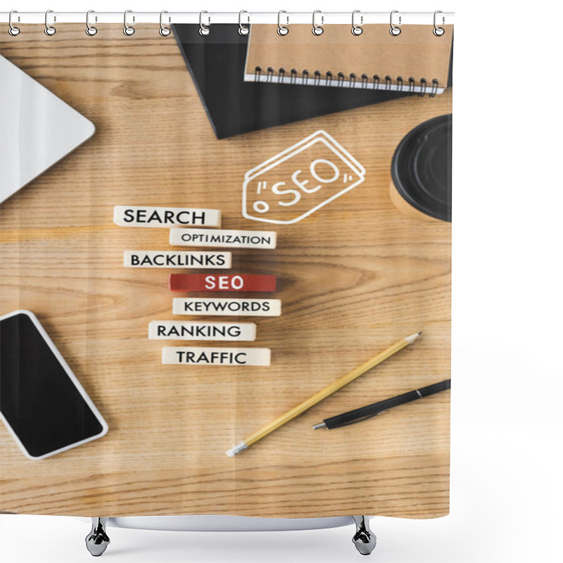 Personality  Top View Of Wooden Rectangles With Illustration Of Concept Words Of Seo, Smartphone, Notebooks, Paper Cup, Pen And Pencil  Shower Curtains