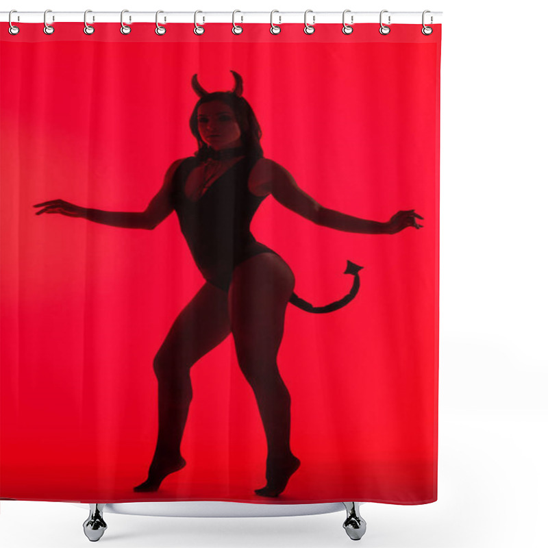 Personality  Silhouette Of Seductive Girl Posing In Devil Costume, Isolated On Red Shower Curtains