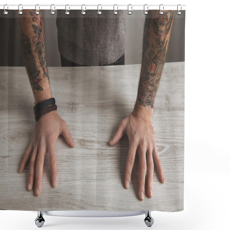 Personality  Close Unrecognizable Brutal Man Tattooed Hands Isolated Shower Curtains