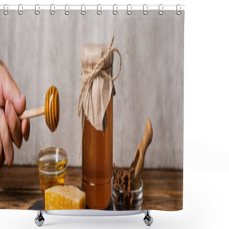 Personality  Cropped View Of Male Hand With Wooden Dipper Near Honeycomb, Jar And Bowls With Honey And Anise Seeds On Grey Background, Banner Shower Curtains