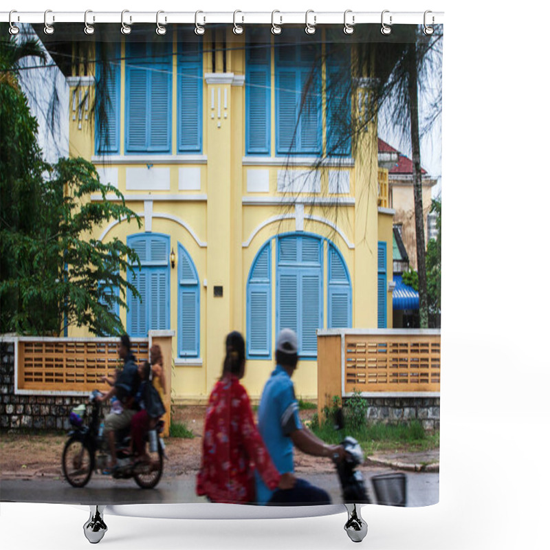 Personality  Khmer People Riding Motorcycle Pass Old French Colonial Building Shower Curtains