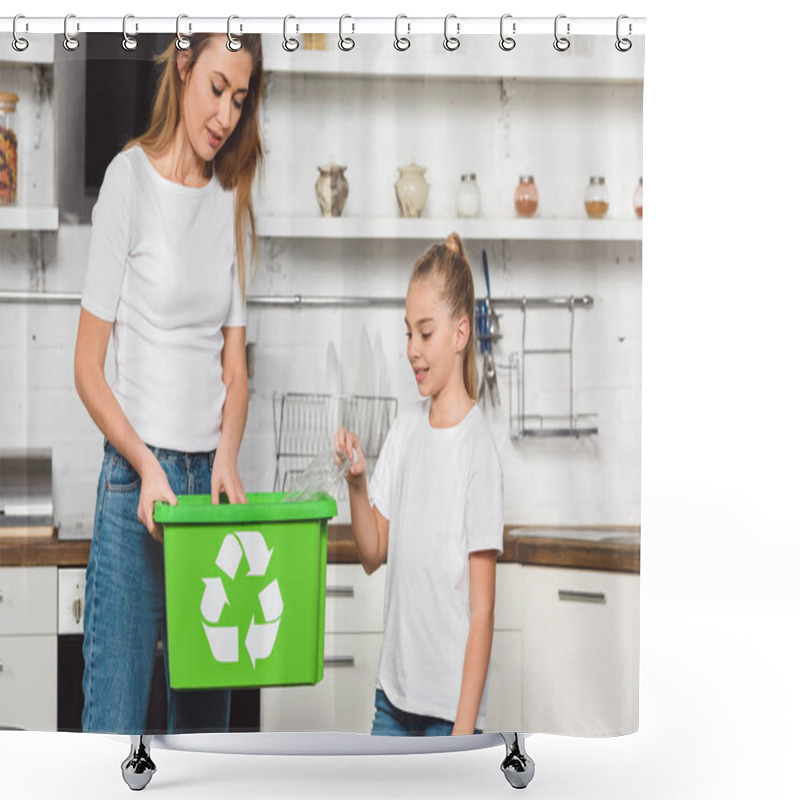 Personality  Mother And Daughter Putting Empty Plastic Bottles At Green Recycle Box Together Shower Curtains