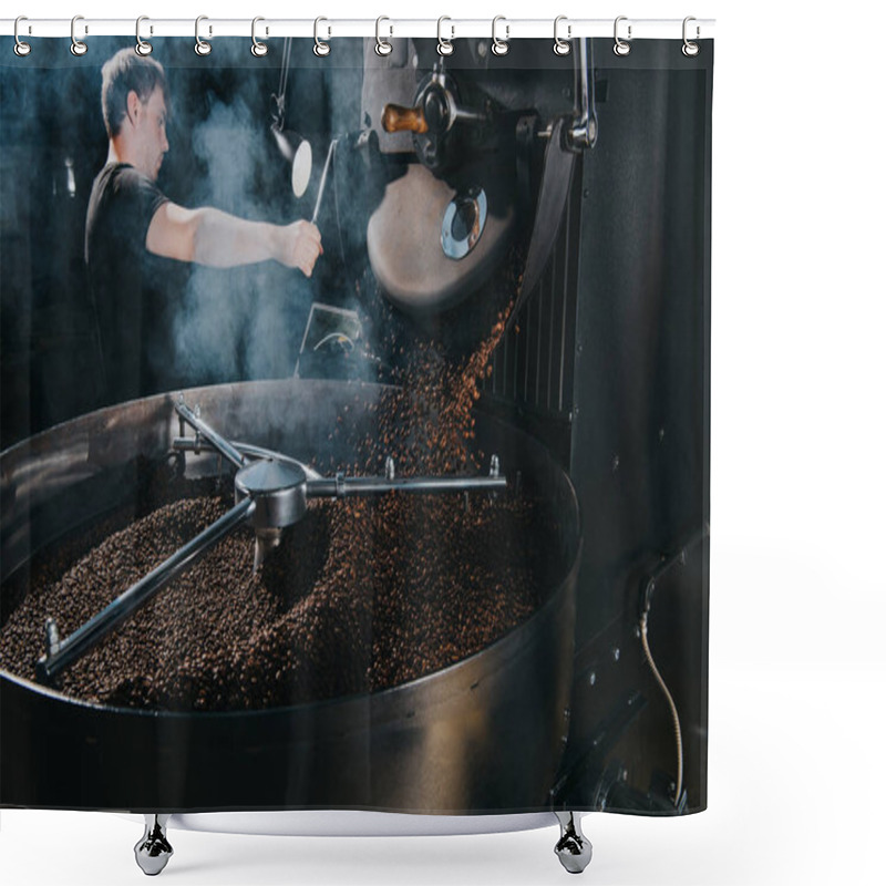 Personality  Professional Male Roaster Loading Container Of Steaming Machine With Coffee Beans Shower Curtains