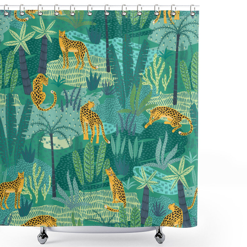 Personality  Vestor Seamless Pattern With Leopards And Tropical Leaves. Shower Curtains