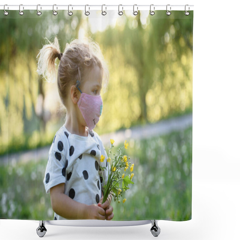 Personality  Small Girl With Face Mask Standing Outdoors, Coronavirus Concept. Shower Curtains