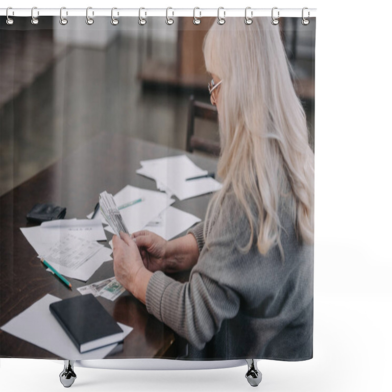 Personality  Senior Woman Sitting At Table With Paperwork And Counting Money Shower Curtains