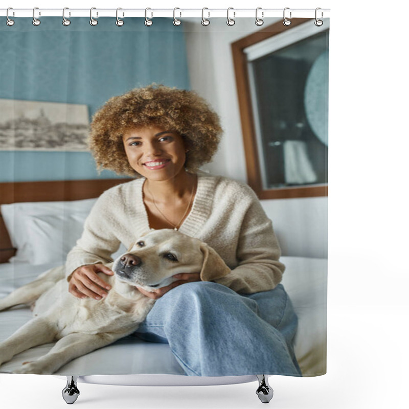 Personality  Young And Cheerful African American Woman Cuddling Labrador On A Bed In A Pet-friendly Hotel Room Shower Curtains