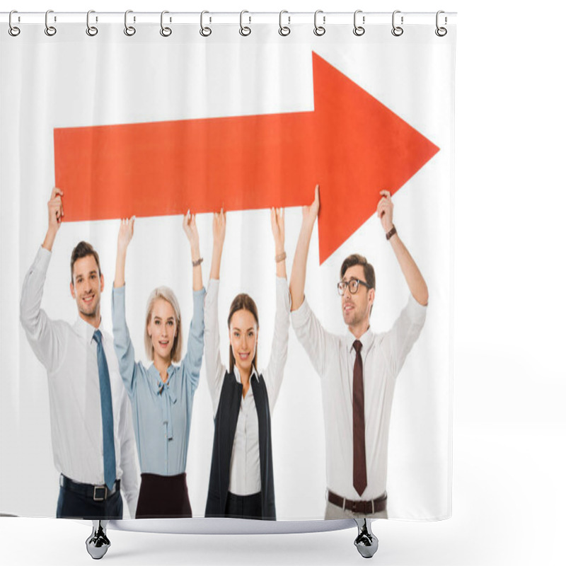 Personality  Young Successful Business Team Holding Big Red Arrow Isolated On White  Shower Curtains