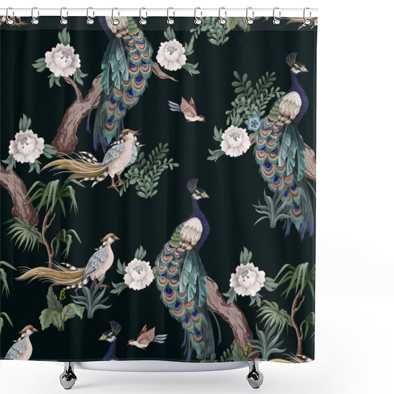 Personality  Seamless Pattern In Chinoiserie Style With Storks, Birds And Peonies. Vector, Shower Curtains