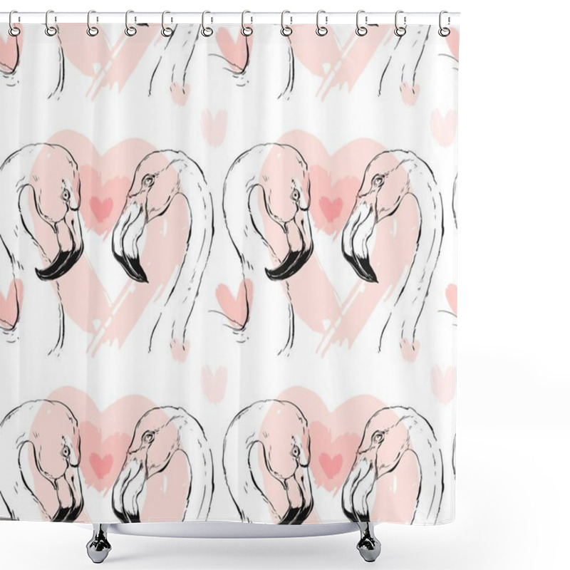 Personality  Hand Drawn Vector Abstract Graphic Brush Drawing Flamingo Couple Seamless Pattern With Hearts In Pink Pastel Colors Isolated On White Background.Romantic Concept.Wedding,save The Date,anniversary. Shower Curtains