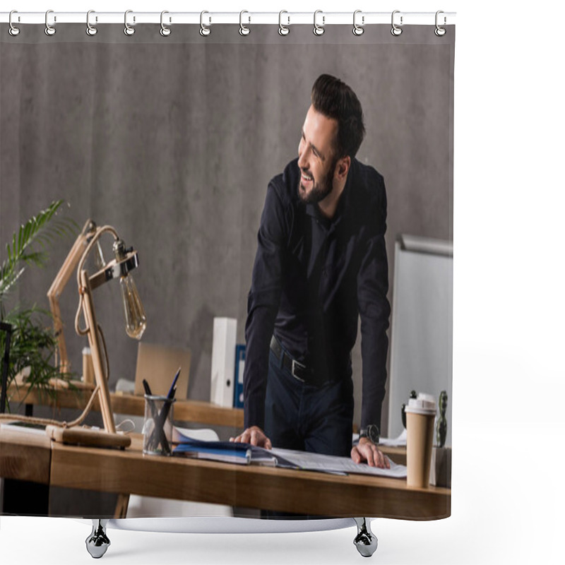 Personality  Smiling Architect Leaning On Working Table And Looking Away Shower Curtains