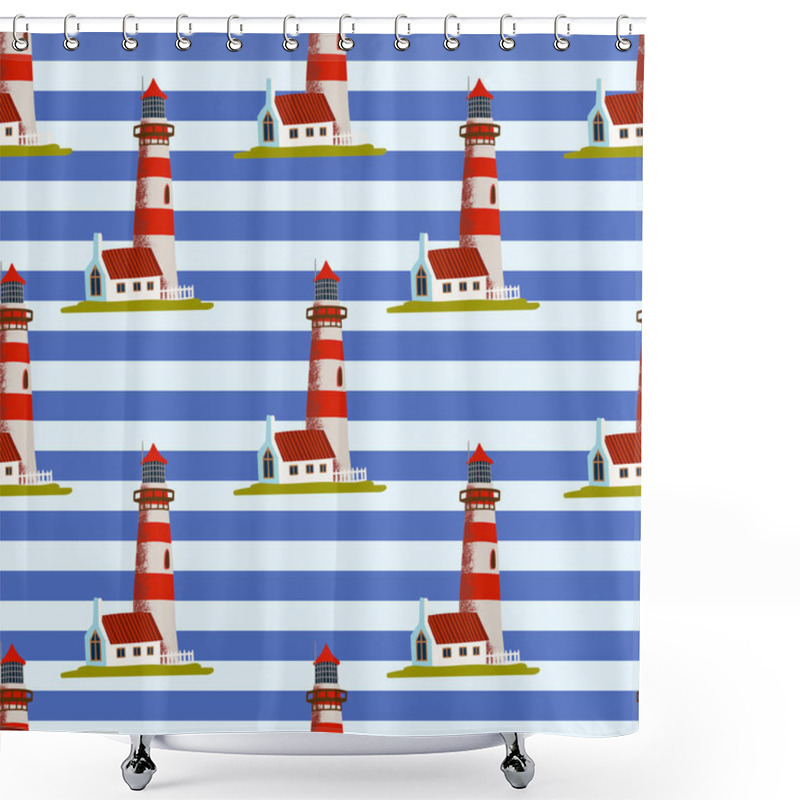 Personality  Sea Lighthouse On A Blue Background With Black Horizontal Stripes. Lighthouse Light Building With Red Details. Simple Pattern For Flat Design, Or Textile. Shower Curtains