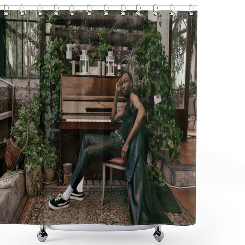 Personality  Handsome Man In Sophisticated Attire Sits Next To A Grand Piano In A Vibrant Green Garden. Shower Curtains