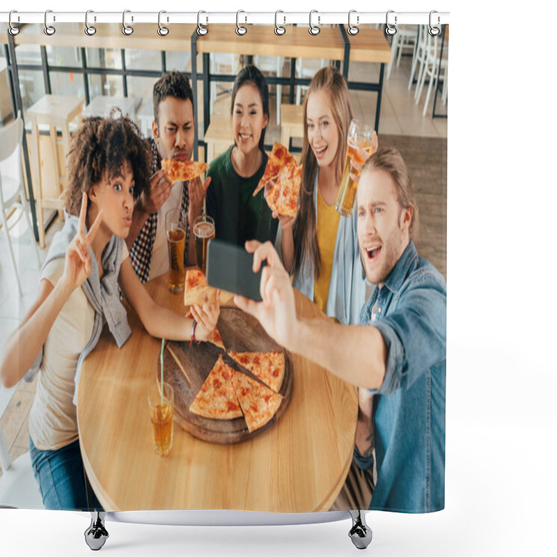 Personality  Friends Taking Selfie With Pizza At Cafe Shower Curtains