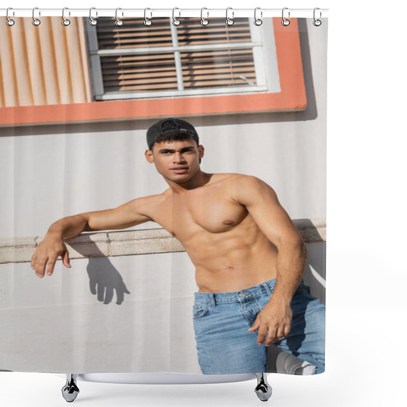 Personality  Muscular Cuban Man With Athletic Body In Baseball Cap And Jeans Standing On Street In Miami Shower Curtains