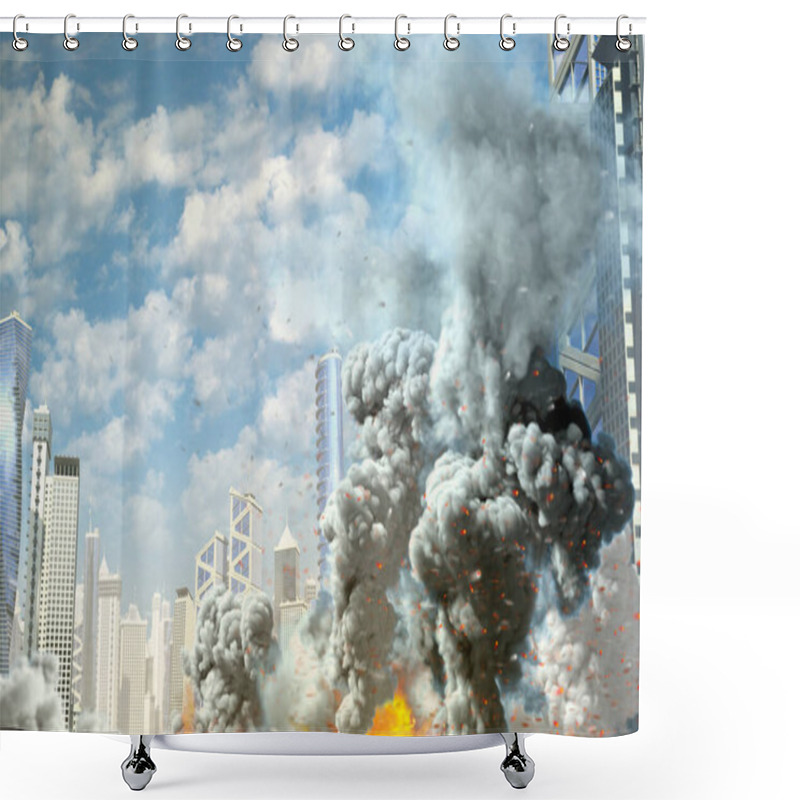 Personality  Huge Smoke Pillar And Fire In Abstract City, Concept Of Industrial Disaster Or Terrorist Act On Blue Sky Background, - Industrial 3D Illustration Shower Curtains