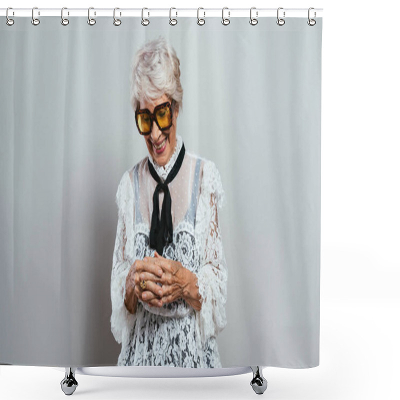 Personality  Beautiful And Elegant Old Influencer Woman. Cool Grandmother Posing In Studio Wearing Fashionable Clothes. Happy Senior Lady Celebrating And Making Party. Concept About Seniority And Lifestyle Shower Curtains