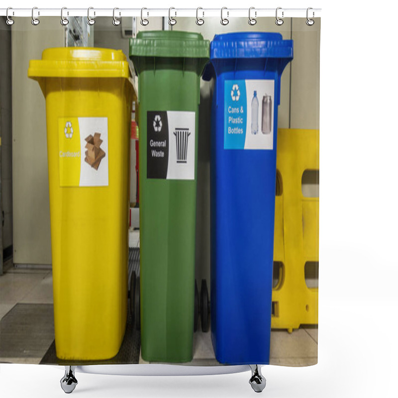 Personality  Yellow Green And Blue Recycle Wheelie Bins In A Plant Room Shower Curtains