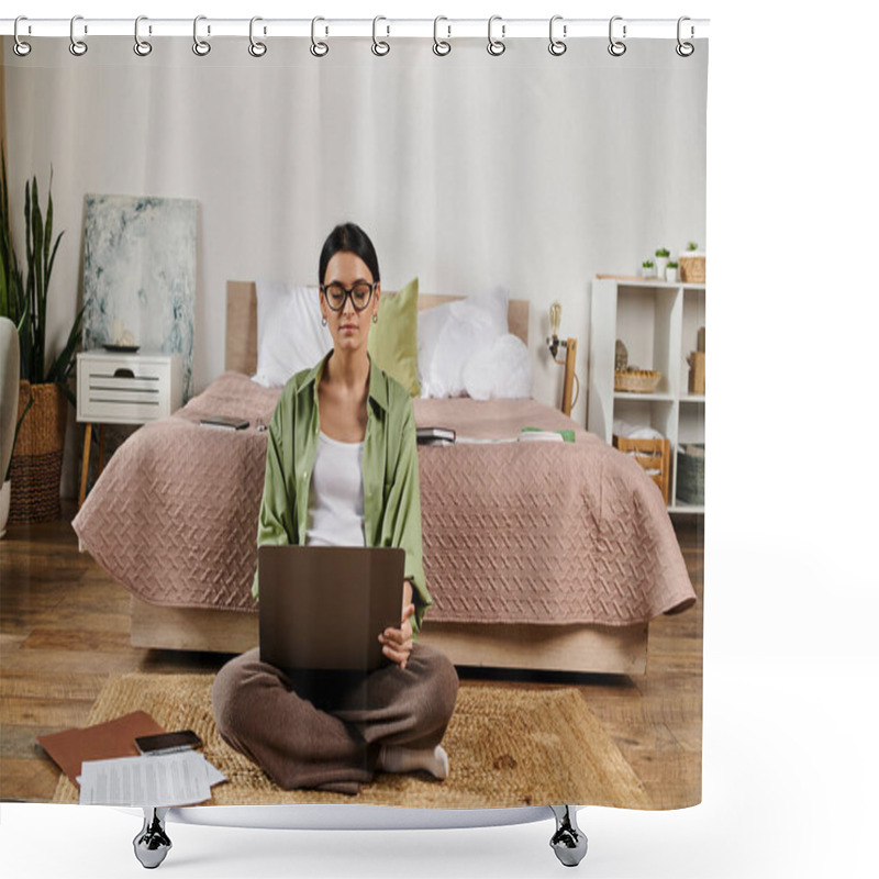 Personality  Casual Woman Immersed In Work, Seated On Floor With Laptop. Shower Curtains